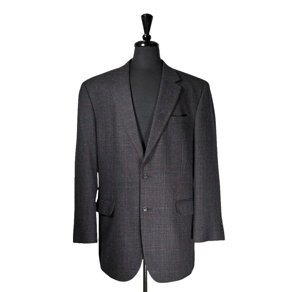 Jos. A. Bank Mens 44L Blazer Gray Red Plaid 100% Wool Sport Coat Jacket 2 Button